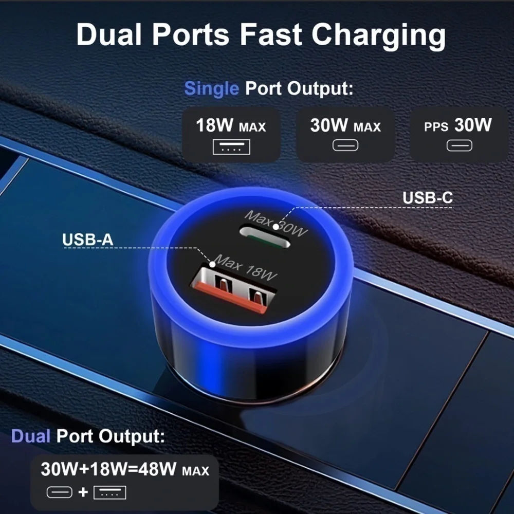 USB C Car Charger Fast Charging (48W Dual Port A & C)
